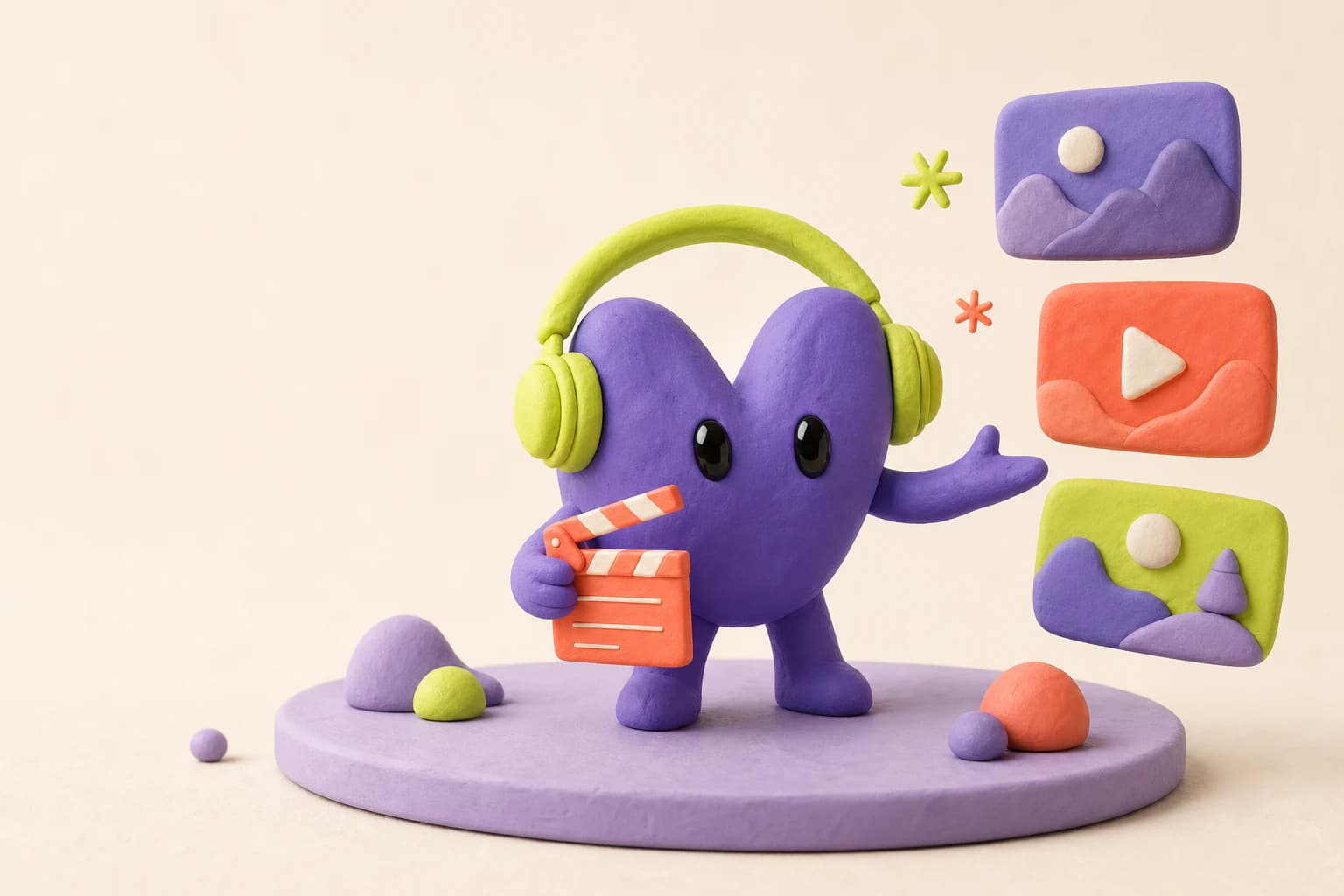 Vora clay mascot directing a set of video clips