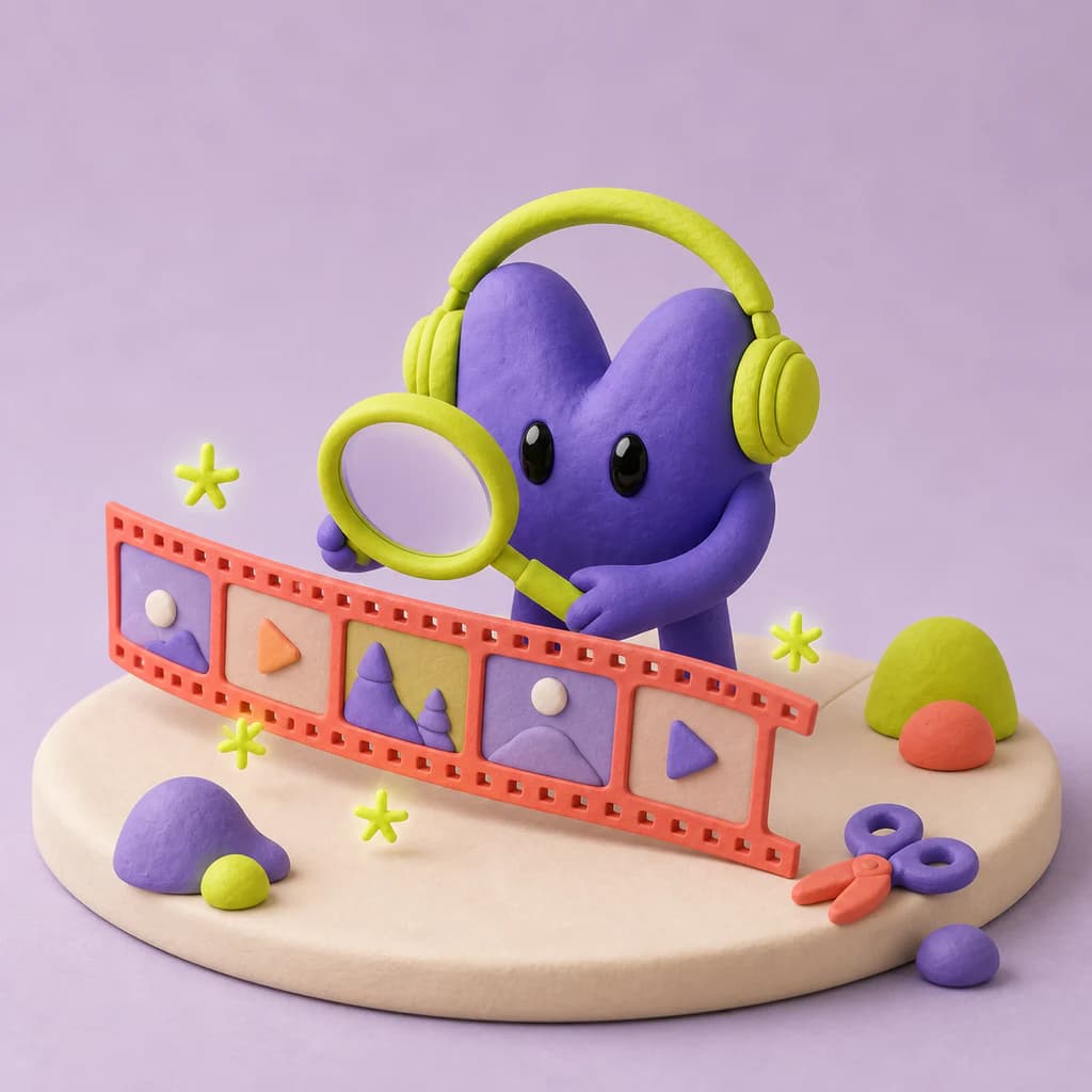 Vora mascot discovering story moments in a clay film strip