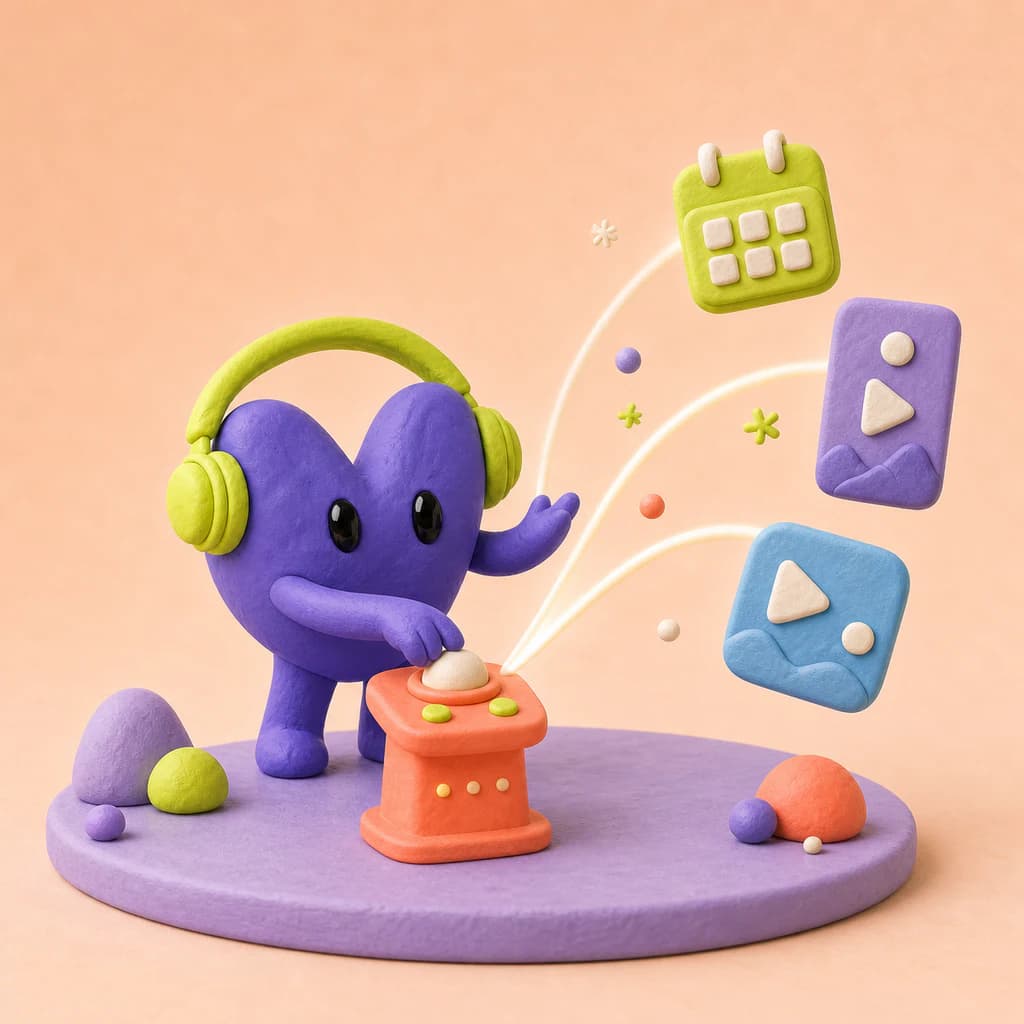 Vora mascot sending finished clips toward a calendar and channel-ready video tiles